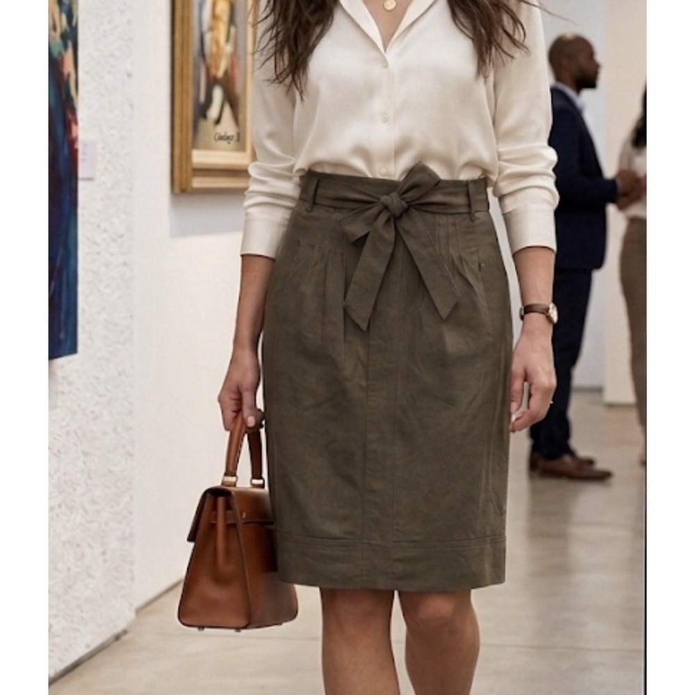 Darjoni Linen Blend Midi Skirt Sz 8 Olive Green Khaki Waist Tie Career Office